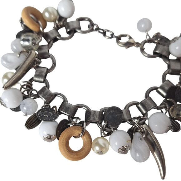 Vintage Charm Bracelet Mixed Material Wood Metal Faux Pearls Eclectic Boho Style - Picture 3 of 5